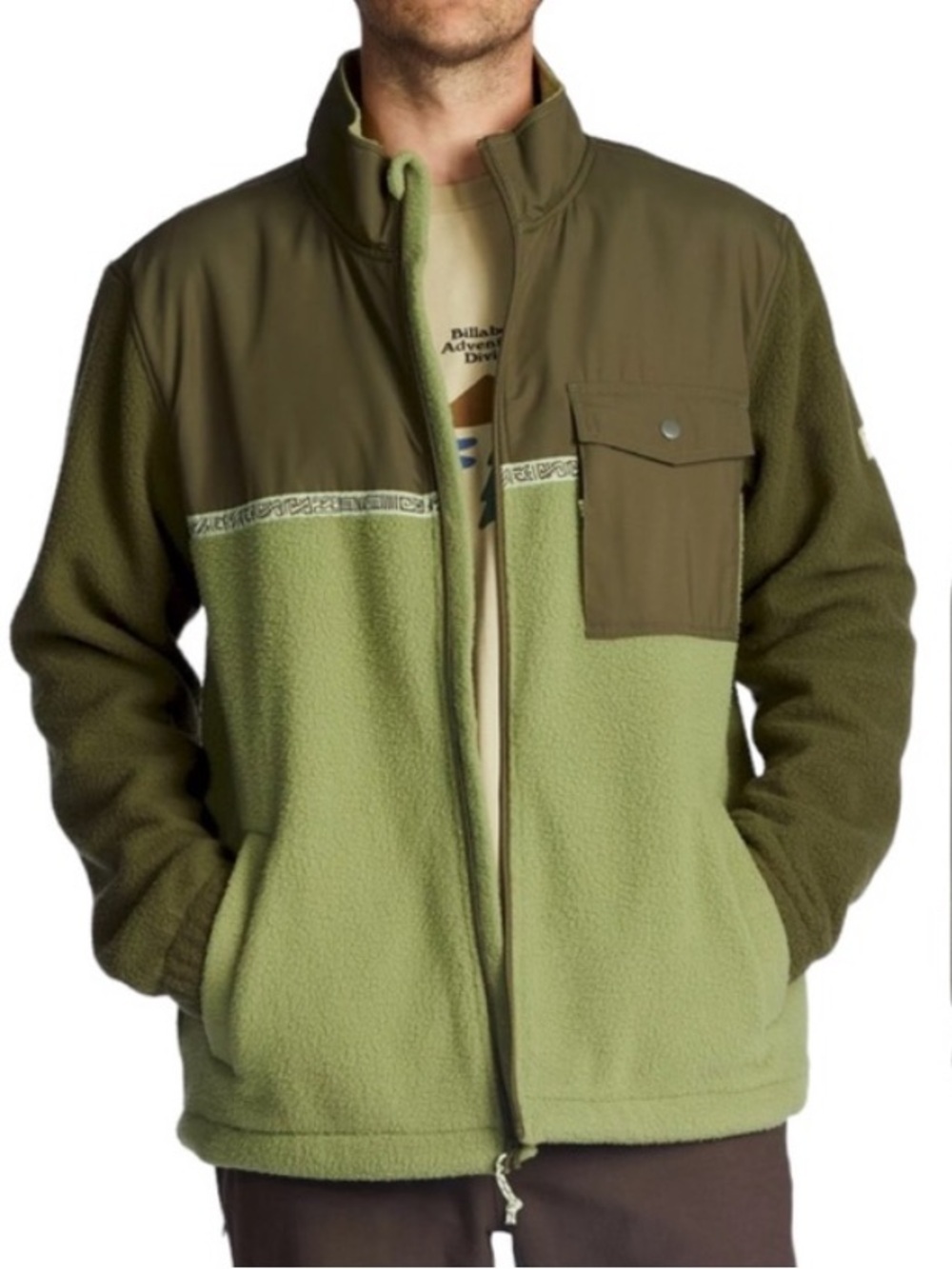BILLABONG Men’s Fleece Jacket Boundary Trail Zip Up Pockets Green Large